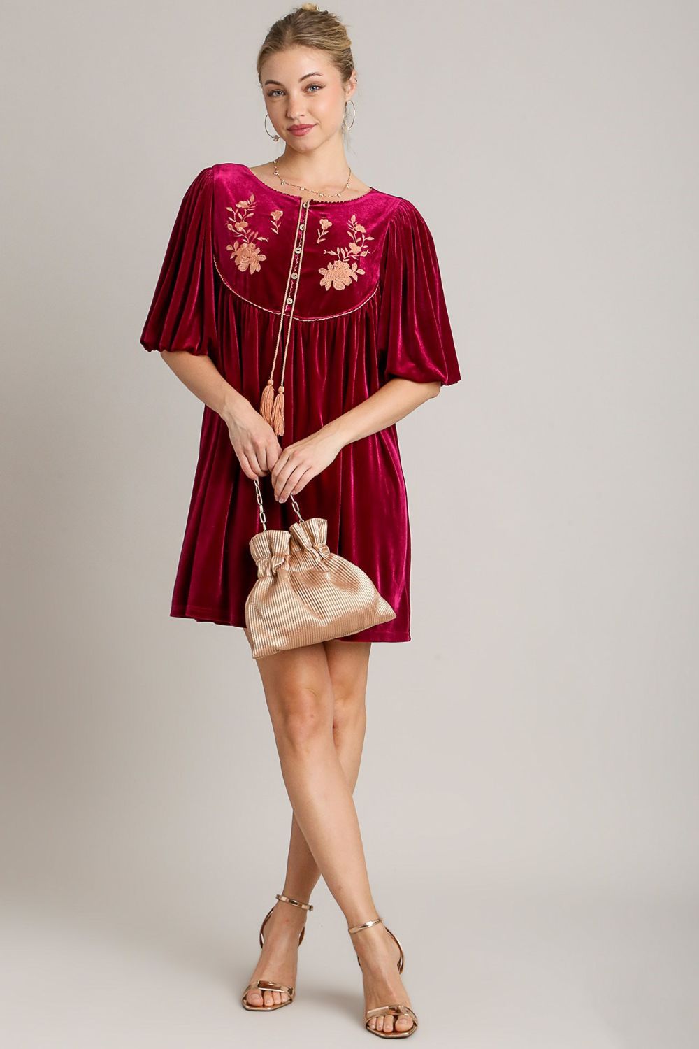 Umgee Embroidered Half Sleeve Velvet Mini Dress with Tassel - Classique Collection