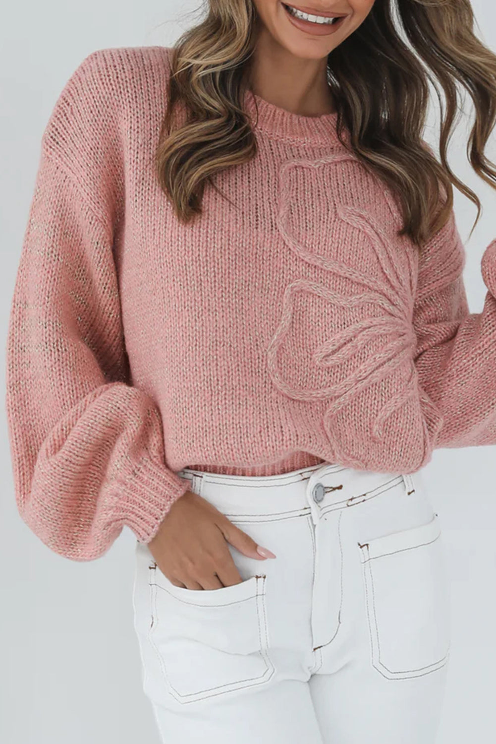 Peach Blossom Solid Color Big Flower Drop Shoulder Sweater Shewin
