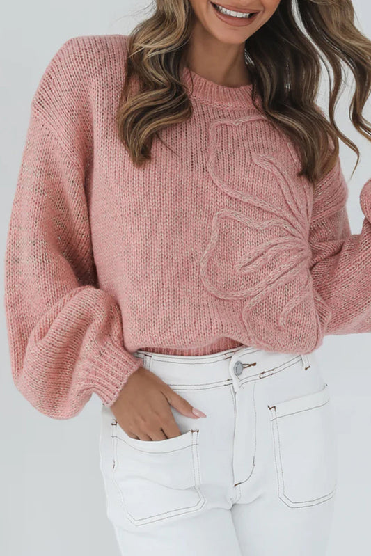 Peach Blossom Solid Color Big Flower Drop Shoulder Sweater Shewin