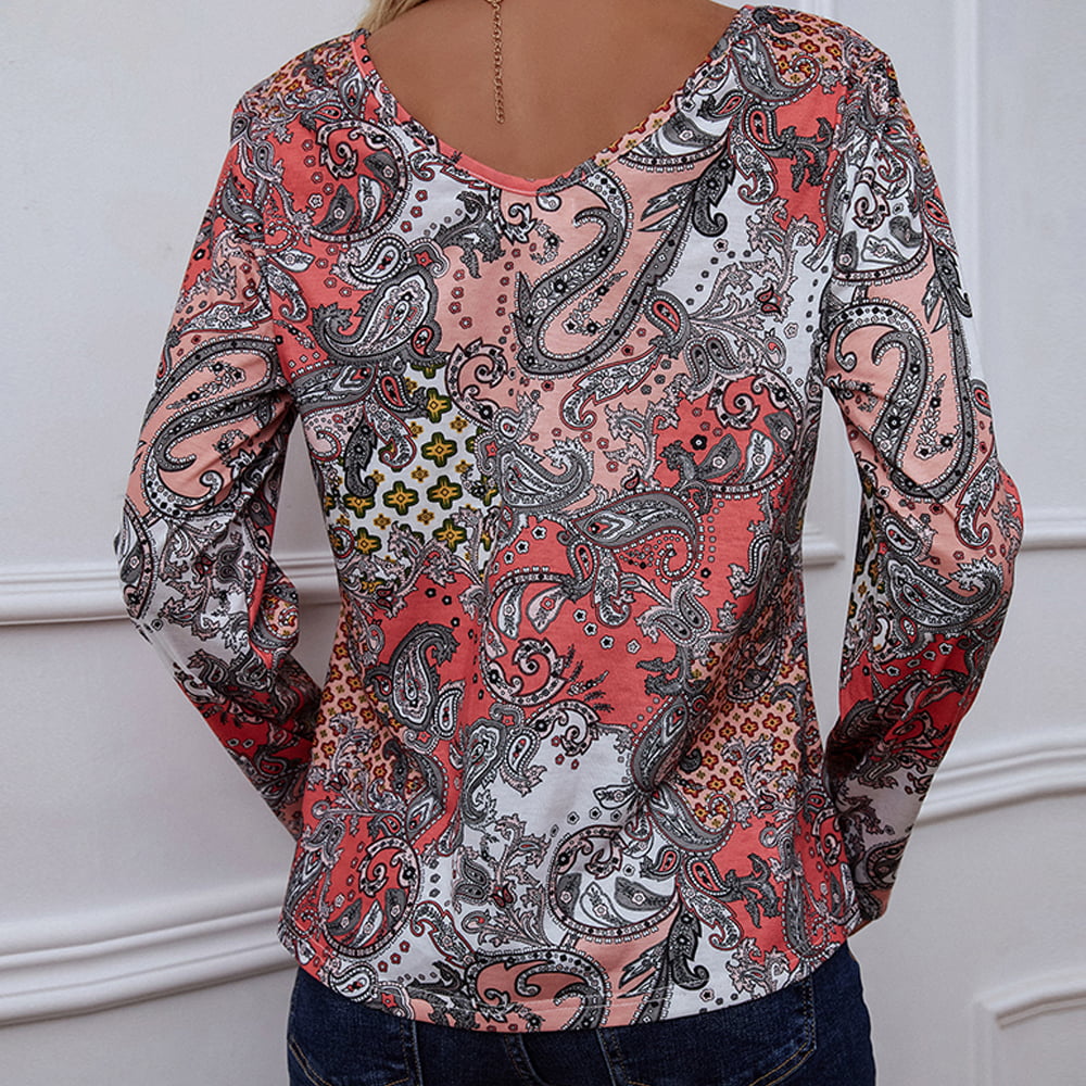 Shiny Printed V-Neck Long Sleeve Blouse - ClassiQ