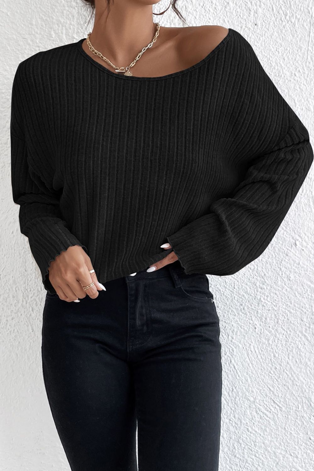 Ribbed Round Neck Drop Shoulder Long Sleeve Top - Classique Collection
