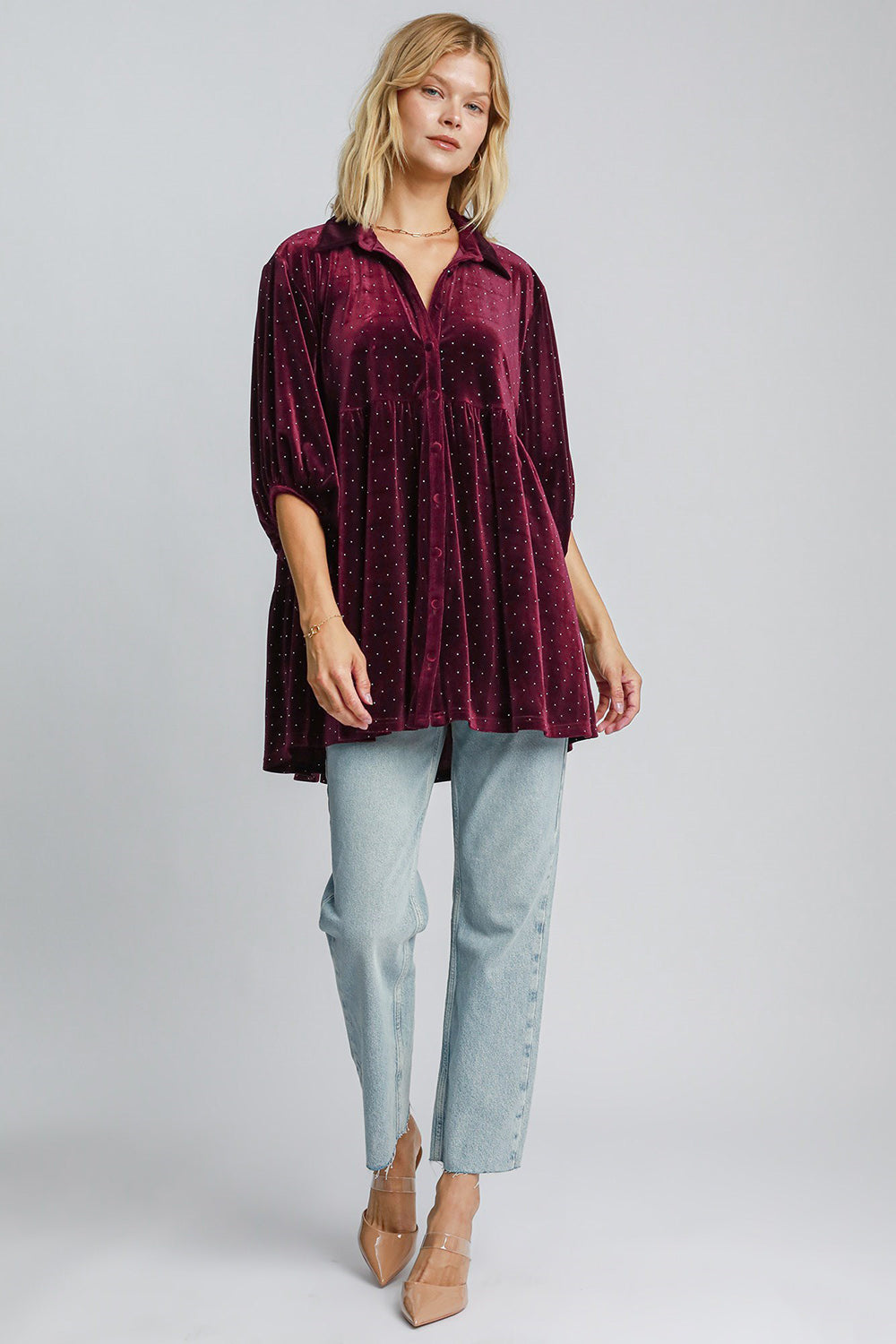 Umgee Full Size Polka Dot Button Up Half Sleeve Shirt - Classique Collection