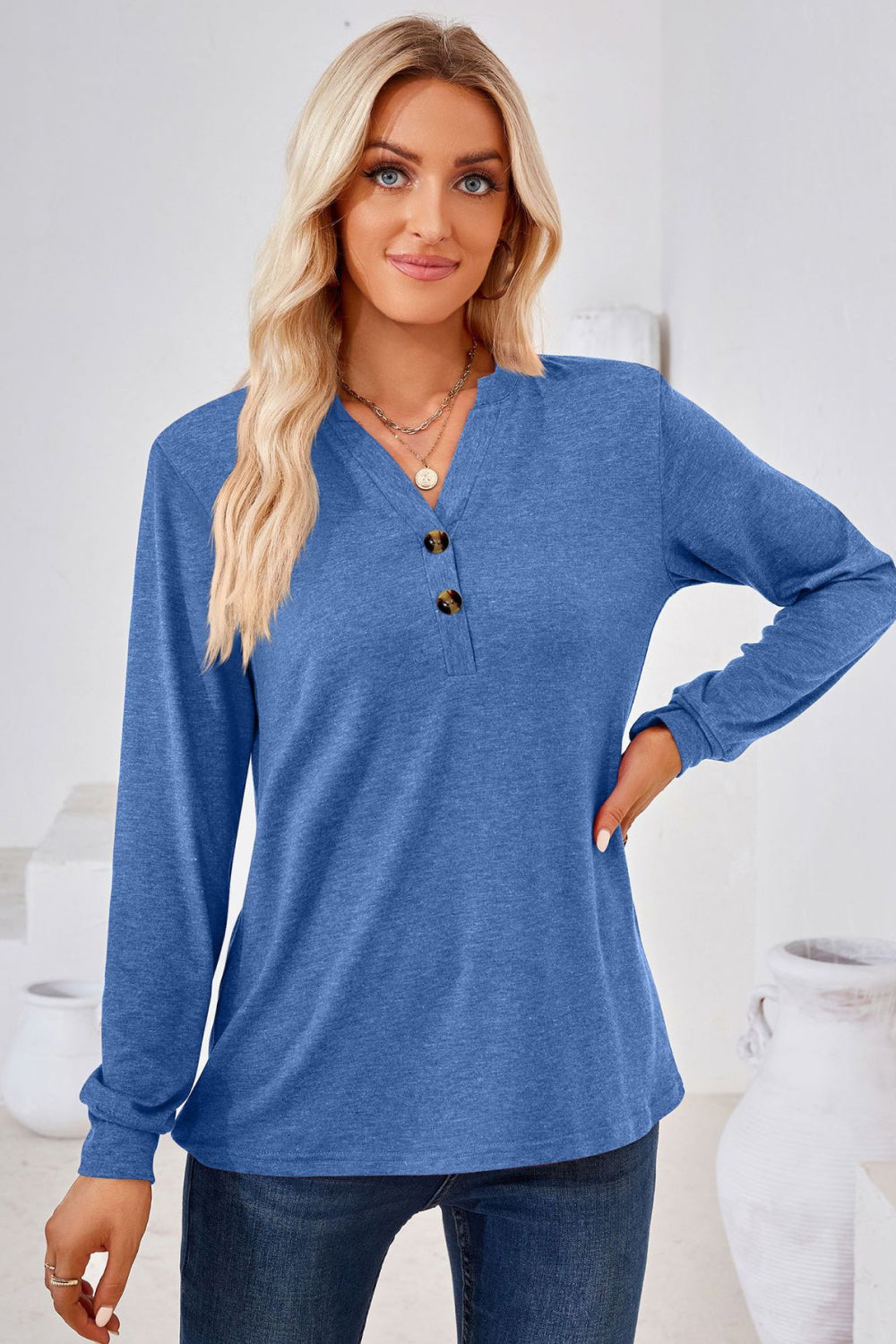 V-Neck Buttoned Long Sleeve Blouse - Classique Collection