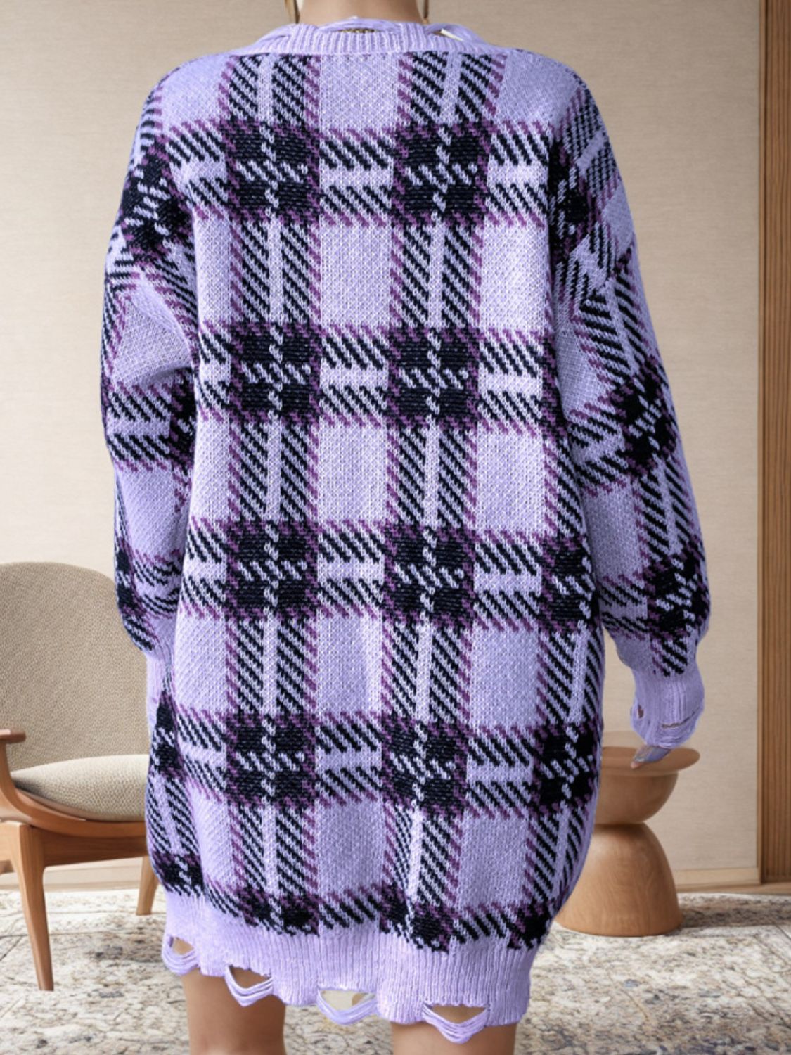 Distressed Plaid V-Neck Long Sleeve Sweater Dress - Classique Collection