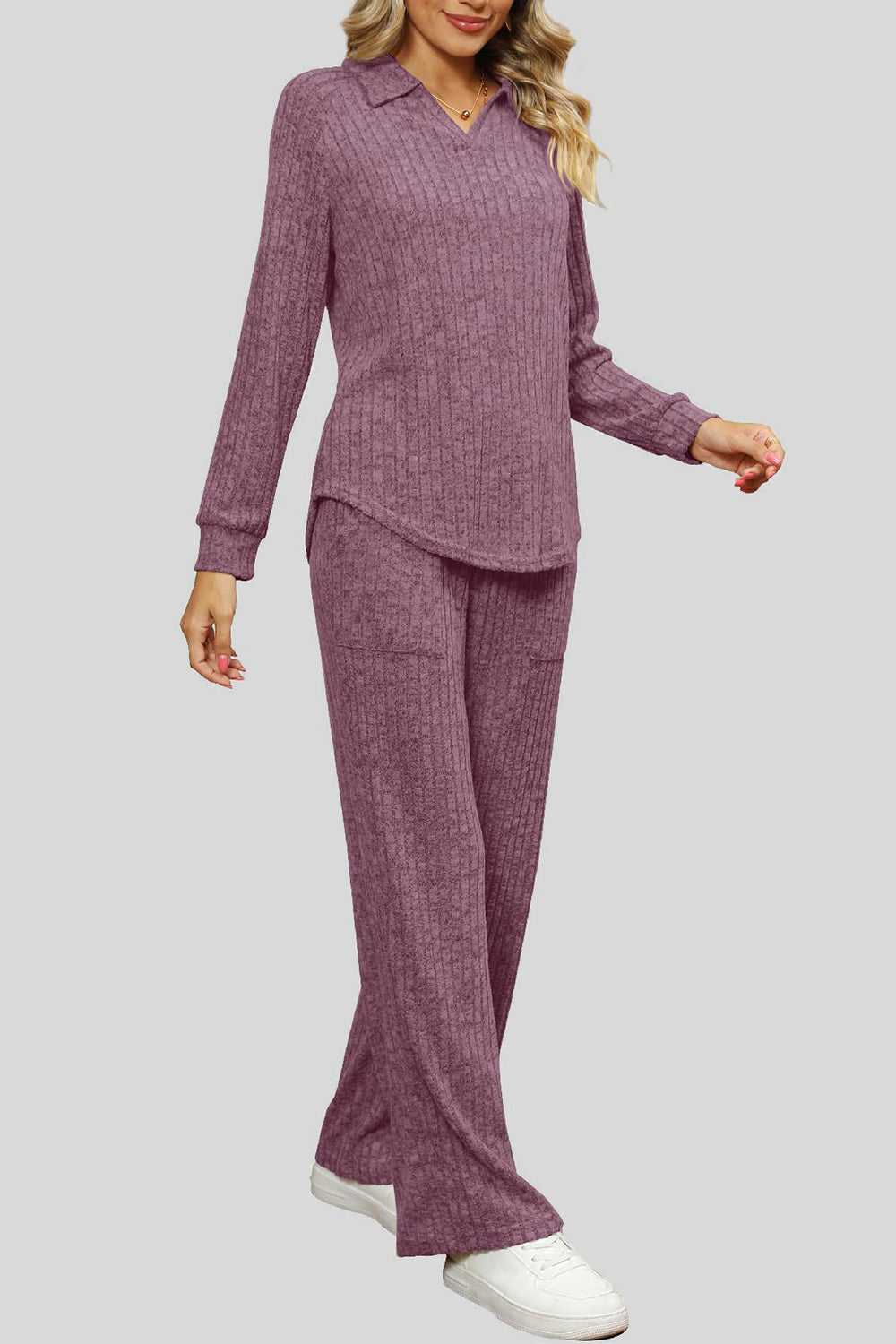 Ribbed Long Sleeve Top and Pocketed Pants Set - ClassiQ