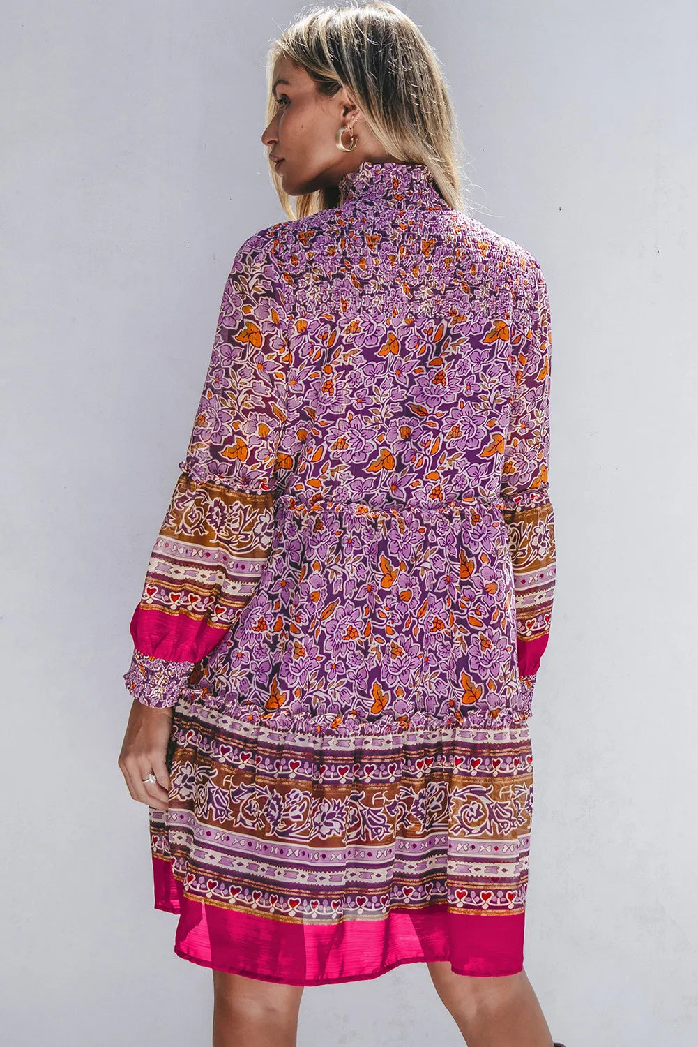 Smocked Floral Turtleneck Long Sleeve Dress - Classique Collection