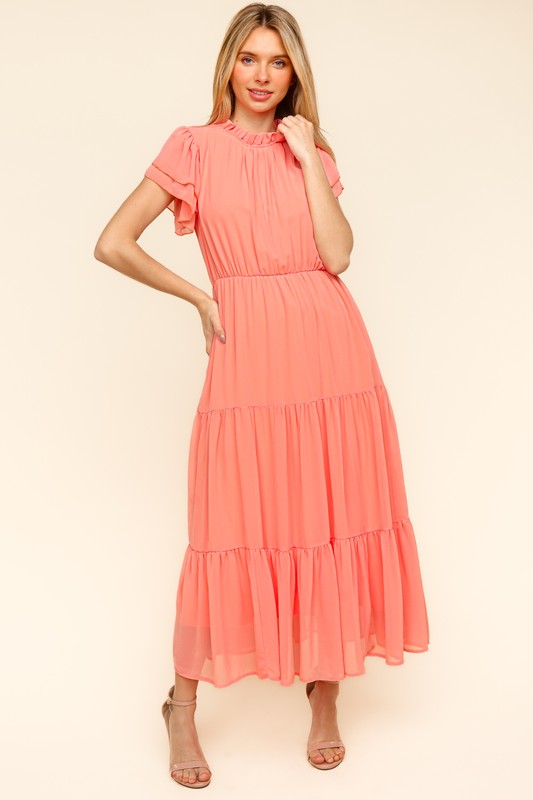 Haptics Full Size Tiered Frill Mock Neck Short Sleeve Dress - Classique Collection