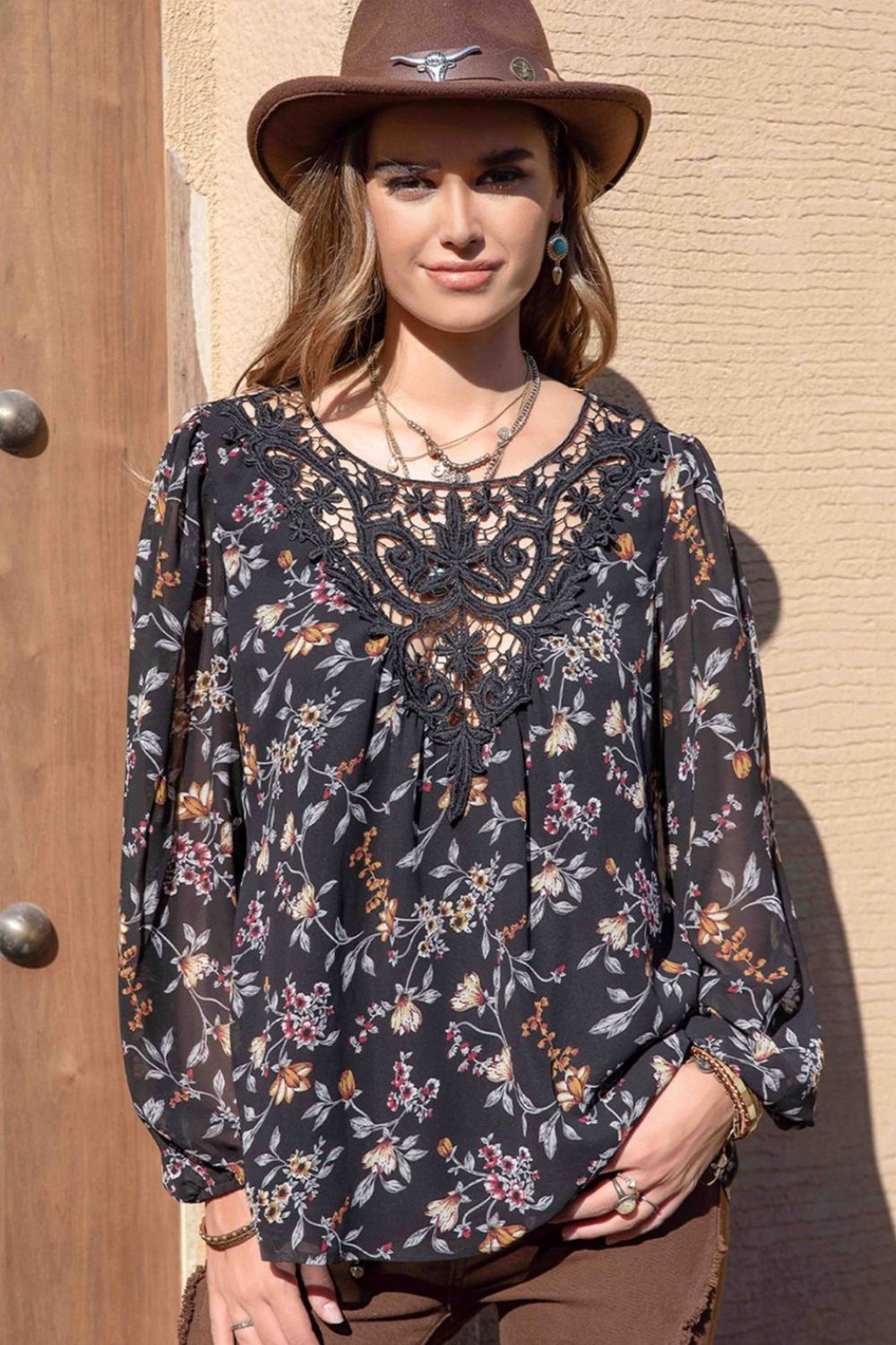Printed Round Neck Long Sleeve Blouse - Classique Collection
