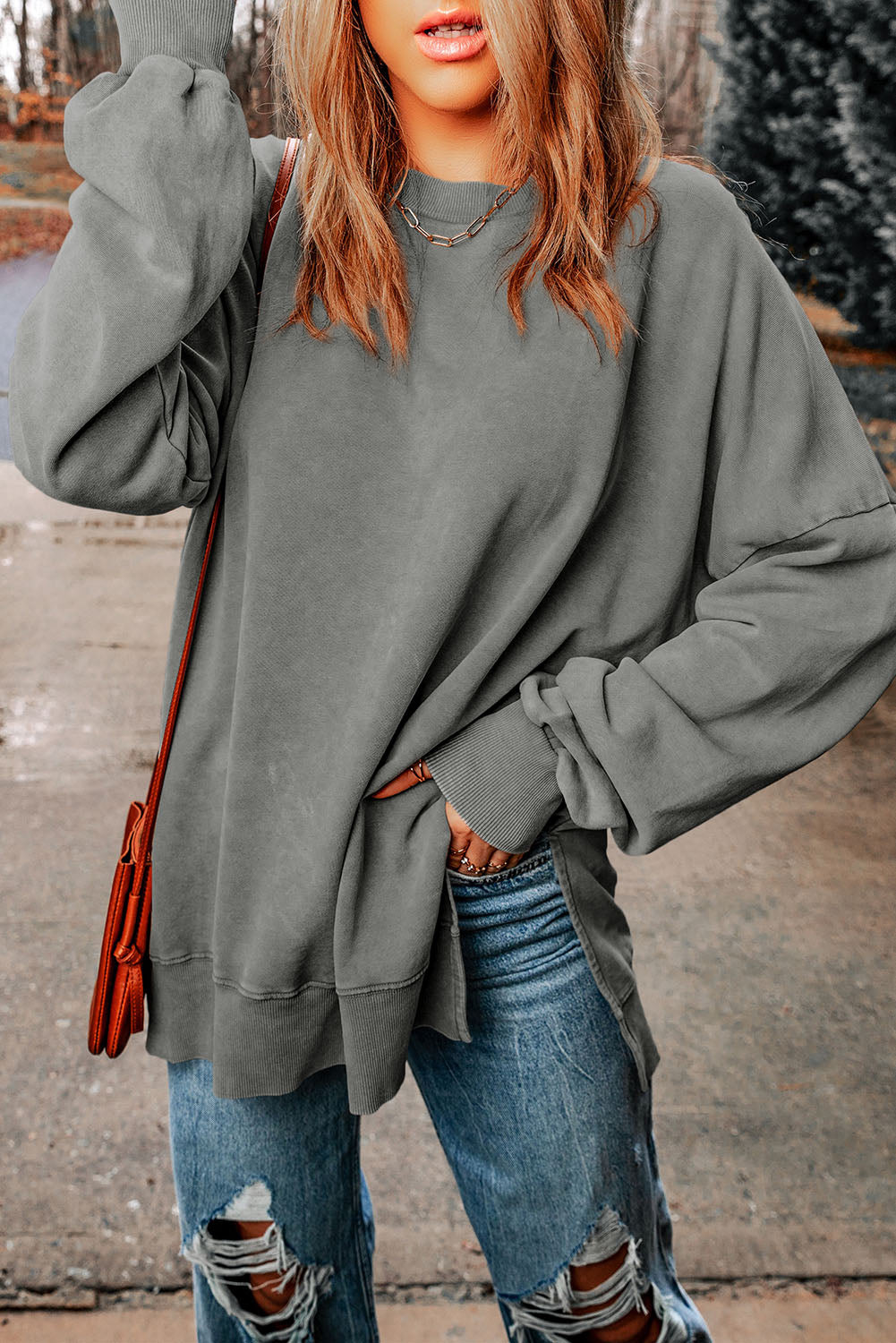 Dropped Shoulder Round Neck Long Sleeve Blouse - ClassiQ