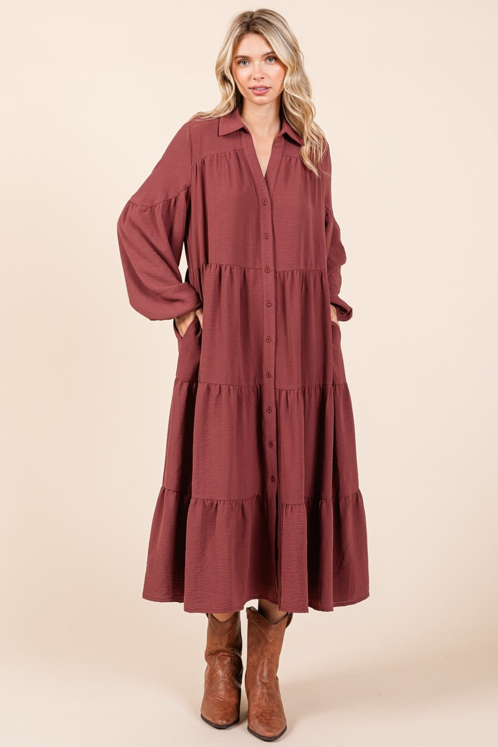 Mittoshop Tiered Button Down Long Sleeve Midi Dress - Classique Collection