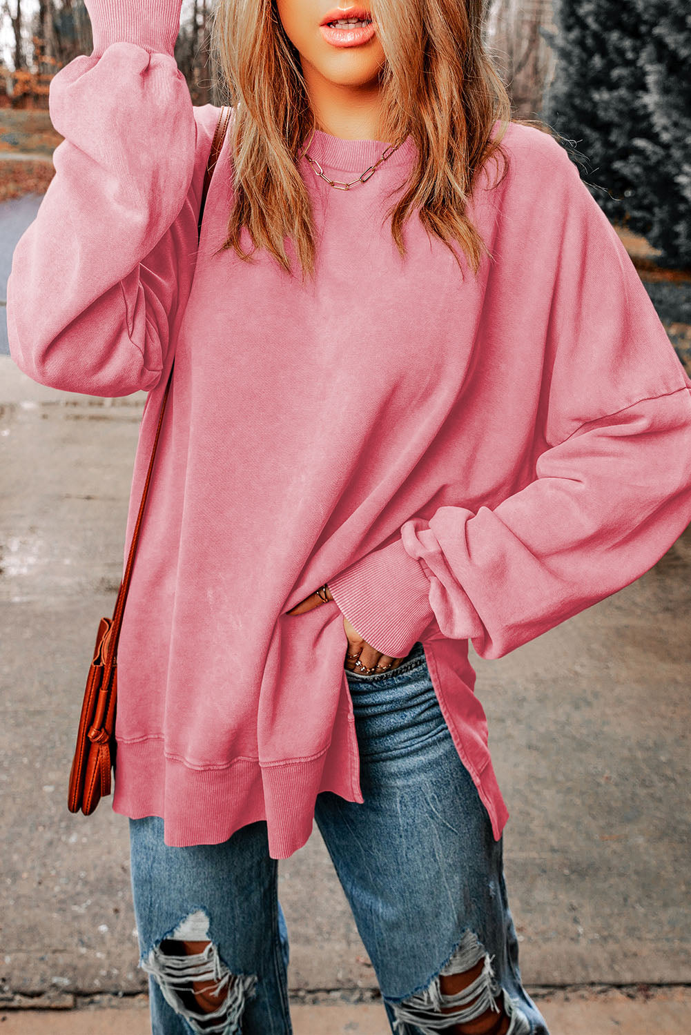Dropped Shoulder Round Neck Long Sleeve Blouse - ClassiQ