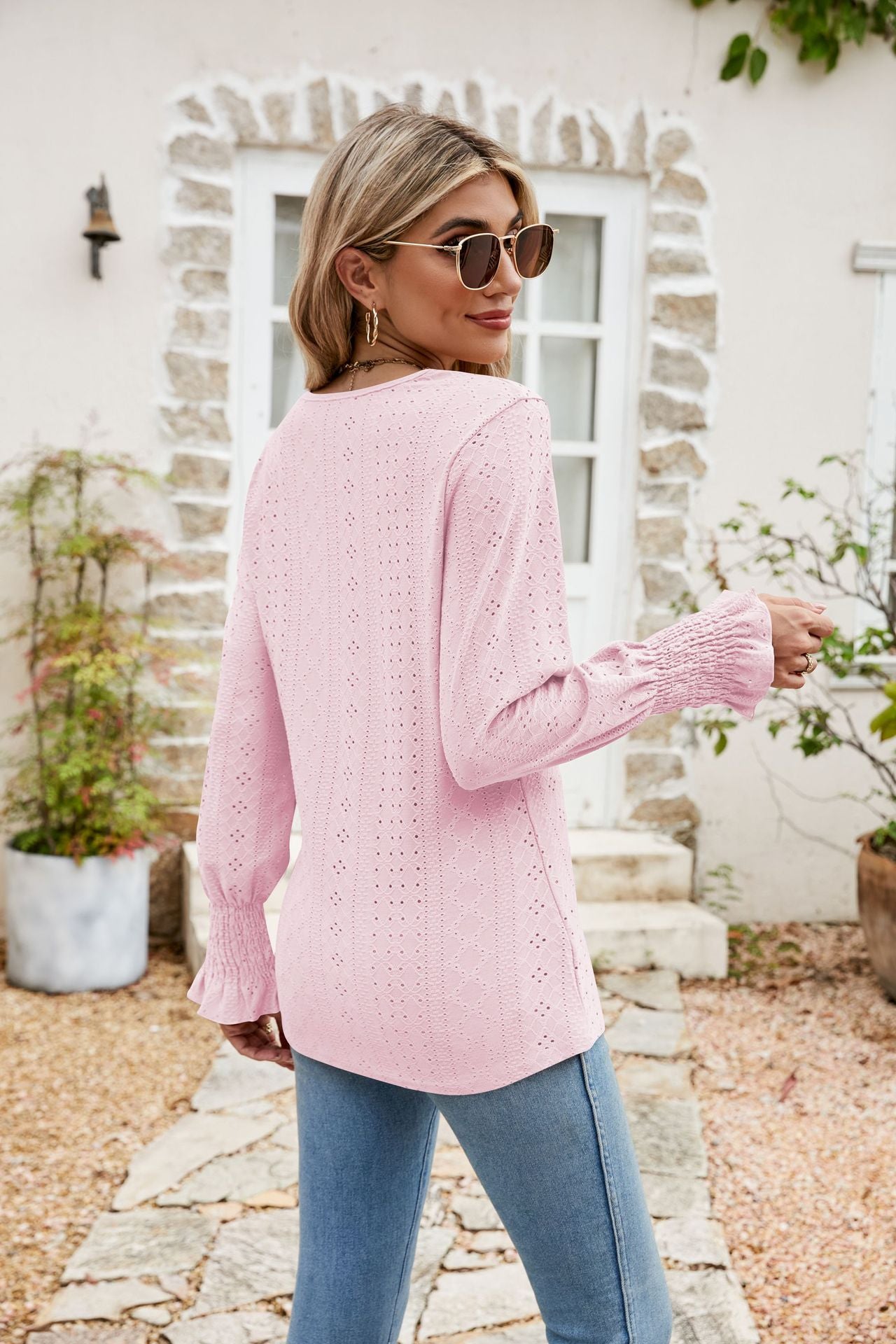 Eyelet V-Neck Smocked Flounce Sleeve Blouse - Classique Collection