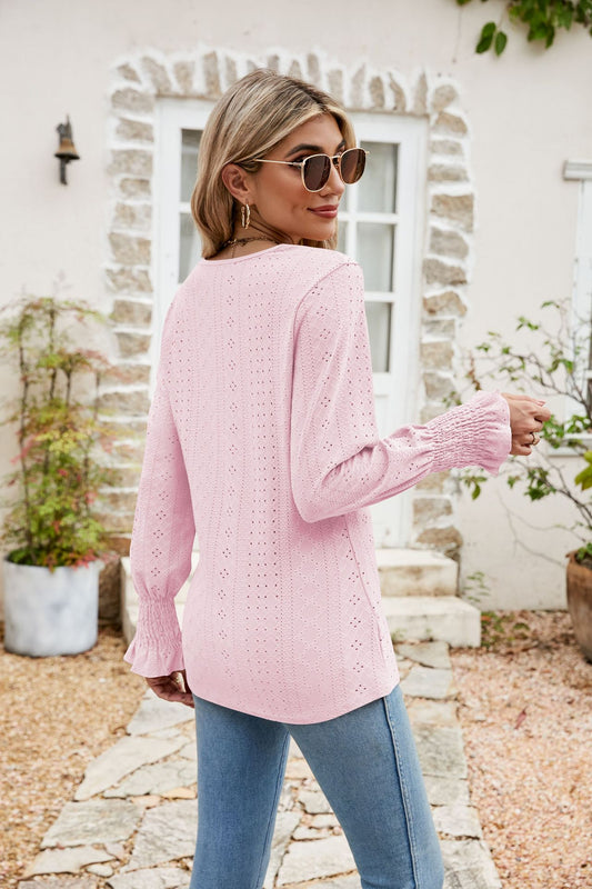 Eyelet V-Neck Smocked Flounce Sleeve Blouse - Classique Collection