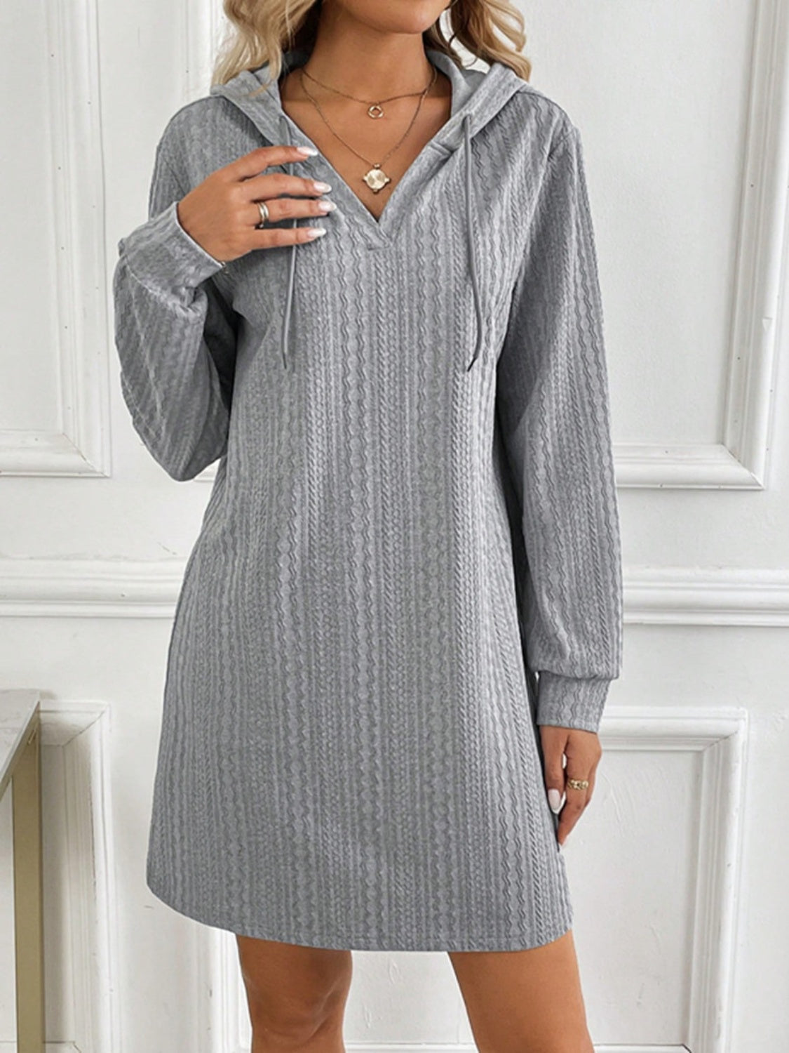Drawstring Long Sleeve Hooded Mini Dress - Classique Collection