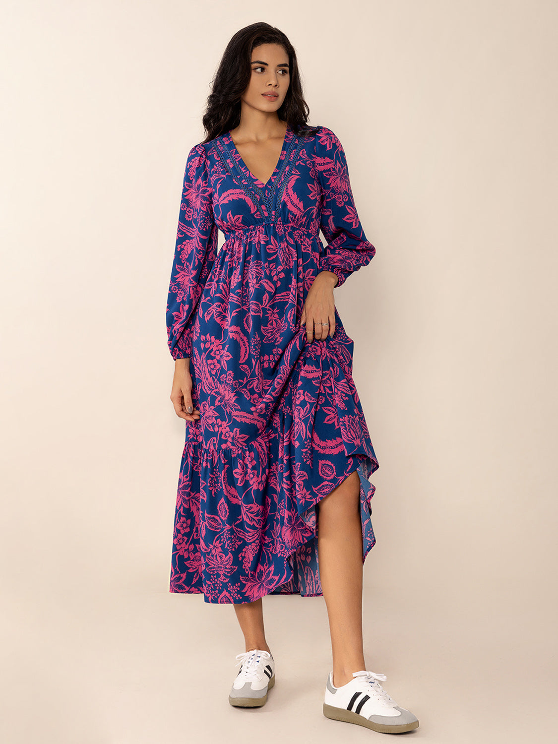 Printed V-Neck Long Sleeve Midi Dress - Classique Collection