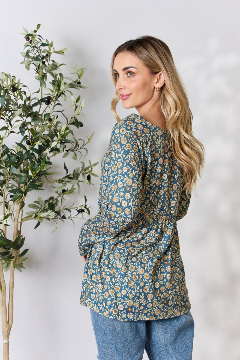 Heimish Full Size Floral Half Button Long Sleeve Blouse - Classique Collection