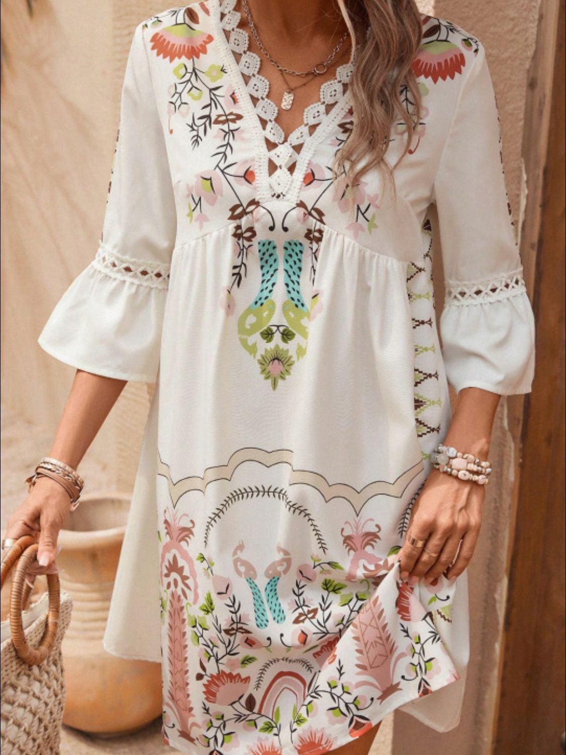 Lace Detail Printed Three-Quarter Sleeve Dress - Classique Collection