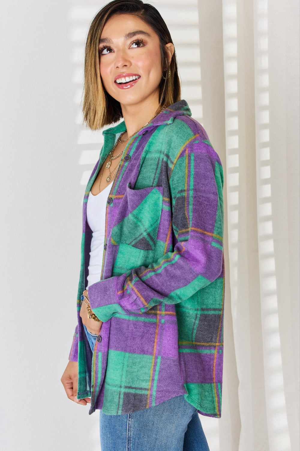 Zenana Plaid Button Up Long Sleeve Shacket - Classique Collection