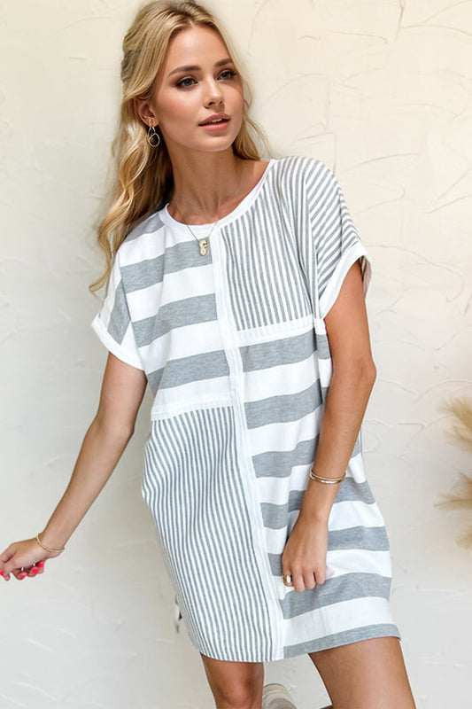 Oh Full Size Striped Round Neck Short Sleeve Mini Tee Dress - Classique Collection