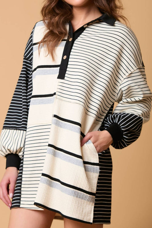 Striped Patchwork Long Sleeve Mini Dress - Classique Collection