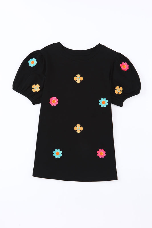 Embroidered Flower Round Neck Puff Sleeve Top - Classique Collection