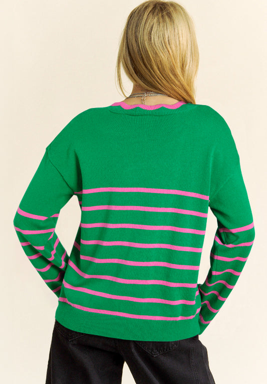 Bow Striped V-Neck Long Sleeve Cardigan - ClassiQ
