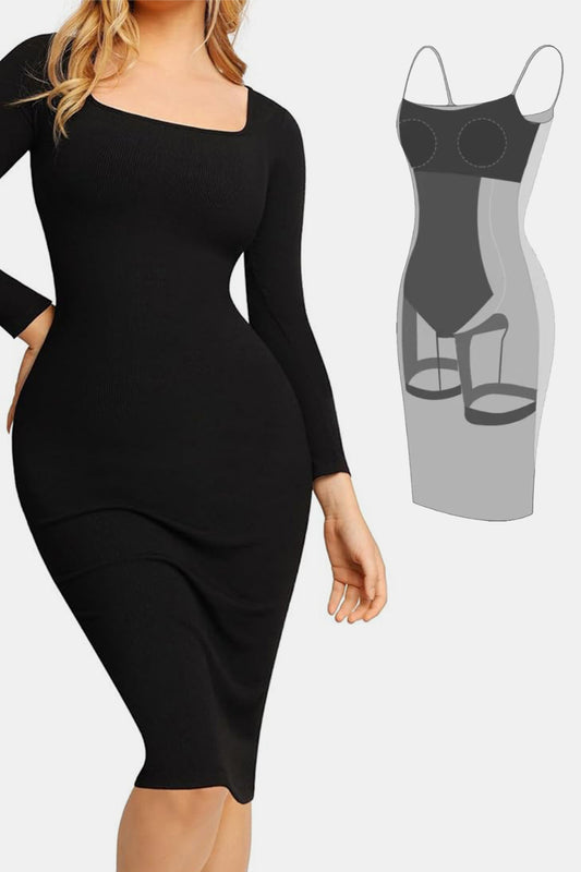 Basic Bae Full Size Built-In Shapewear Square Neck Long Sleeve Dress - Classique Collection