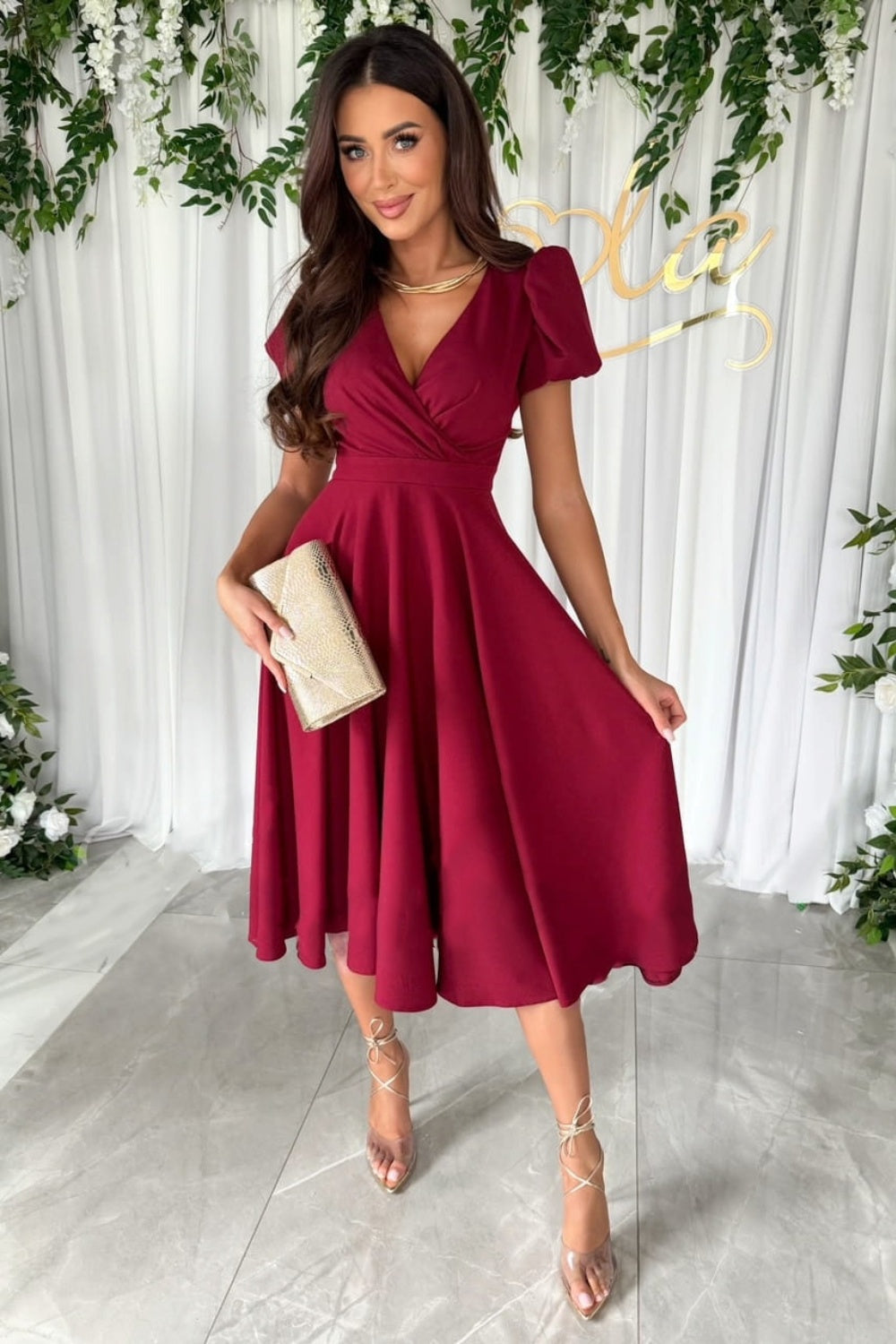 Surplice Puff Sleeve Midi Dress - Classique Collection