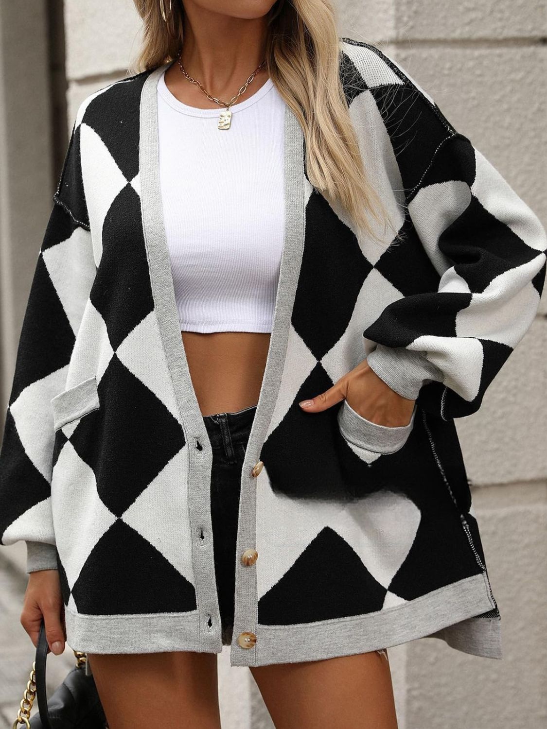 Color Block Button Down Long Sleeve Cardigan - ClassiQ
