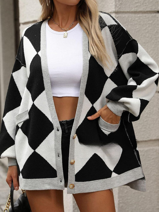 Color Block Button Down Long Sleeve Cardigan - ClassiQ