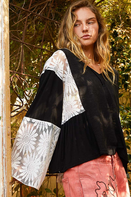 POL Lace Detail V-Neck Flare Sleeve Blouse - Classique Collection