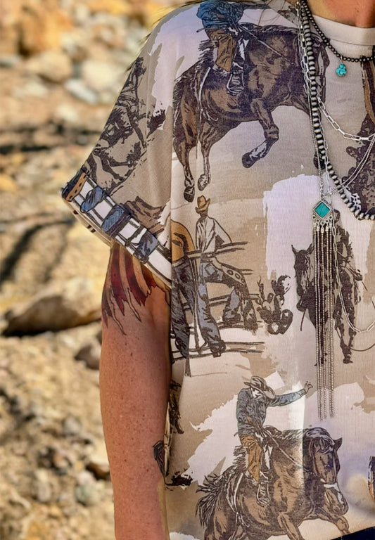 Cowboy Print Round Neck Short Sleeve T Shirt - Classique Collection