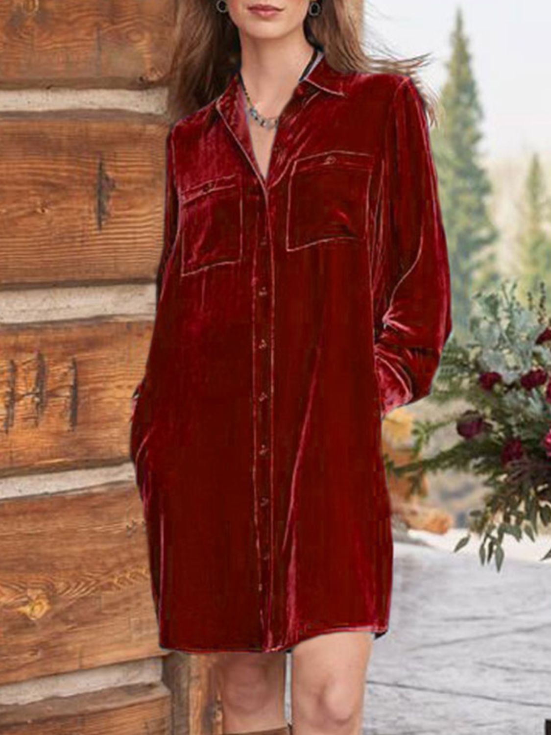 High-Low Button Up Long Sleeve Knee Length Dress - Classique Collection