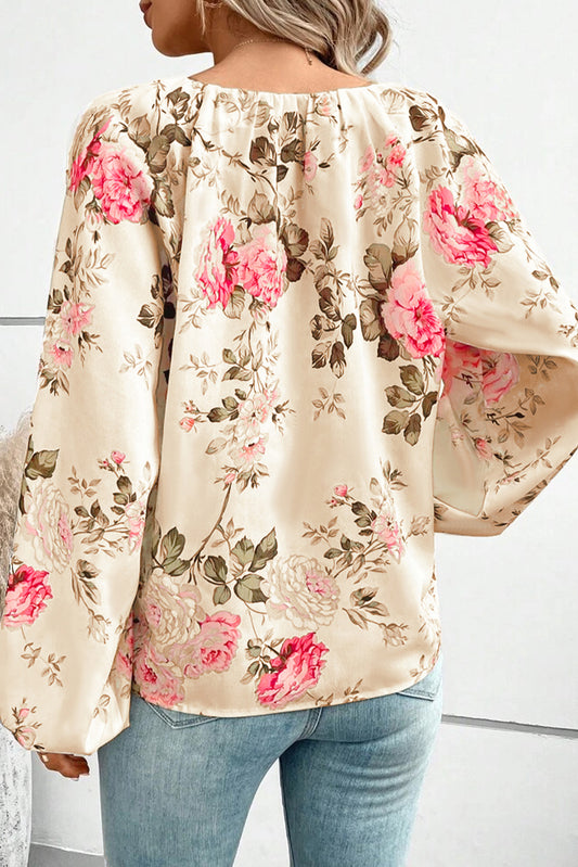 Floral V-Neck Balloon Sleeve Blouse - Classique Collection