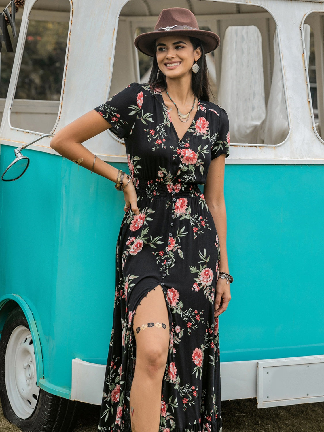 Split Printed V-Neck Short Sleeve Dress - Classique Collection