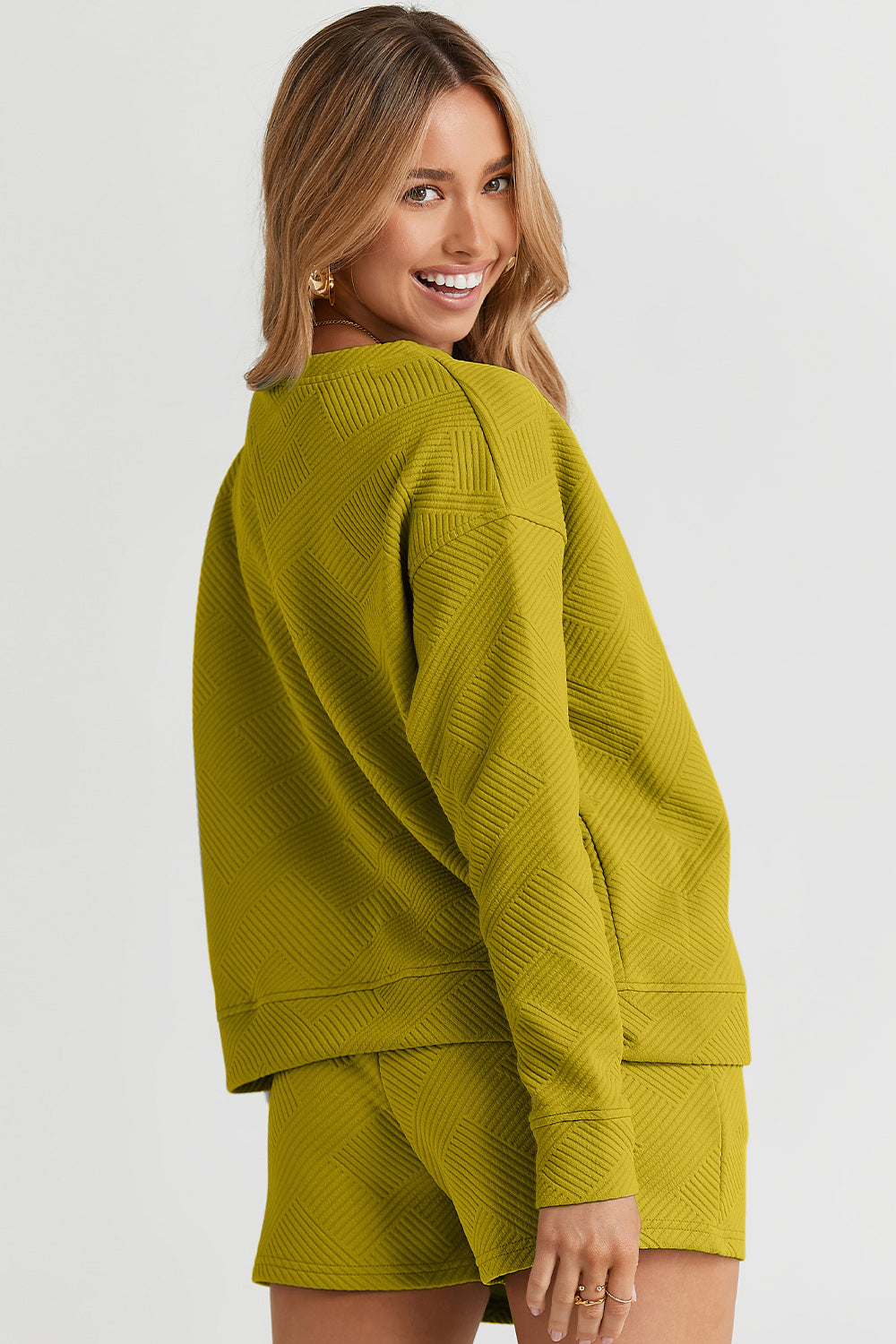 Double Take Full Size Texture Long Sleeve Top and Drawstring Shorts Set - ClassiQ