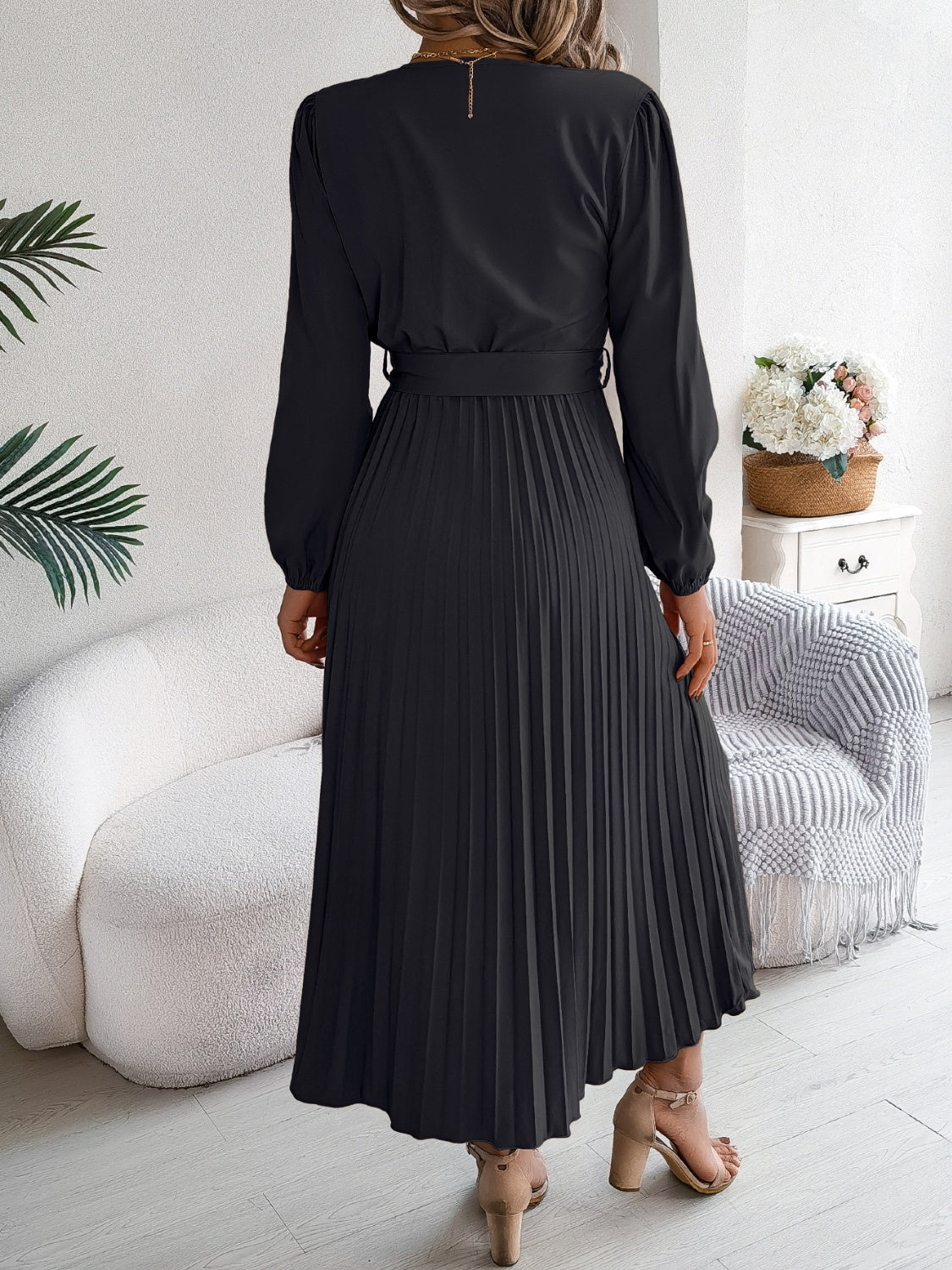 Pleated Tied V-Neck Long Sleeve Dress - Classique Collection