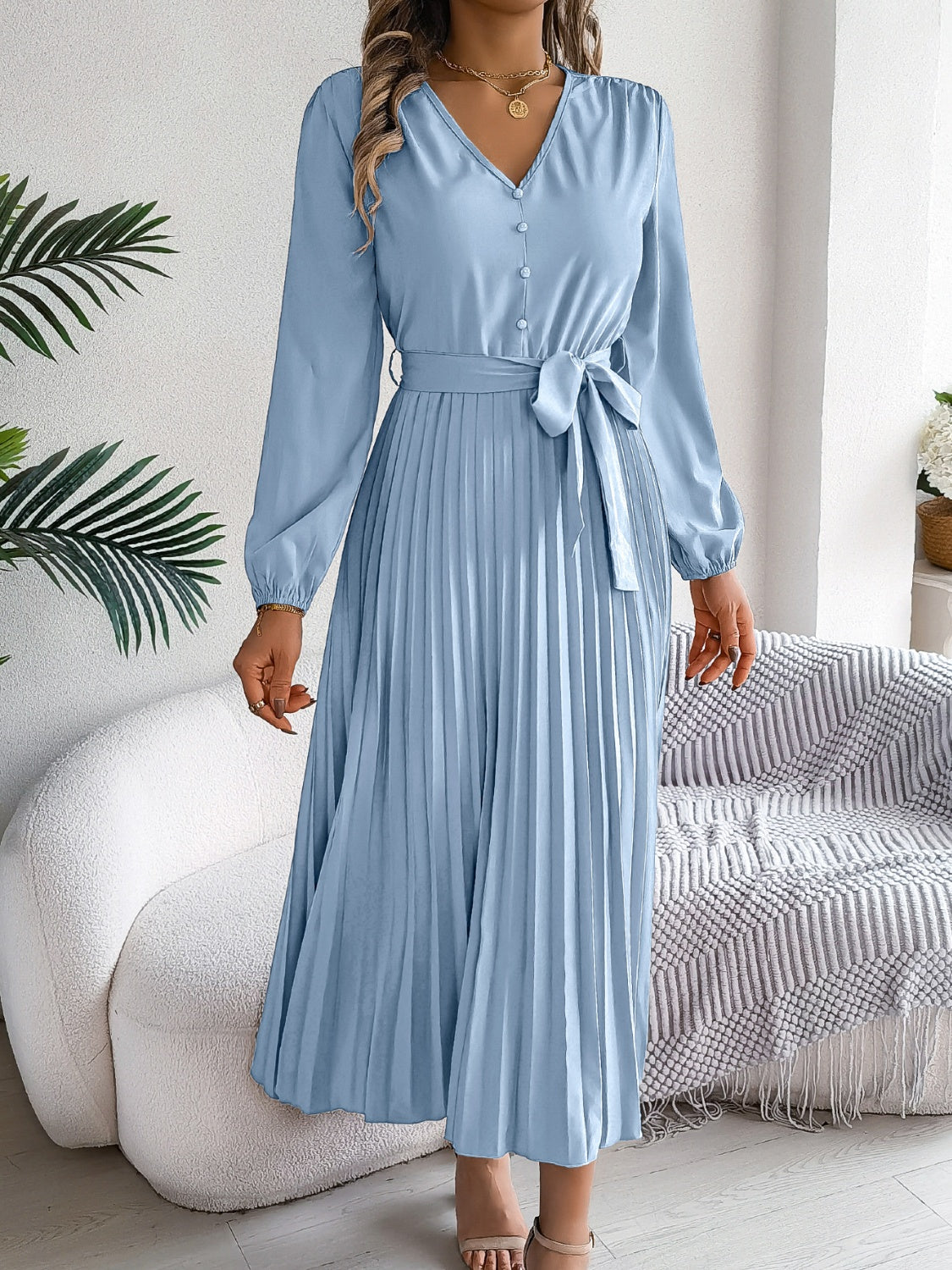 Pleated Tied V-Neck Long Sleeve Dress - Classique Collection