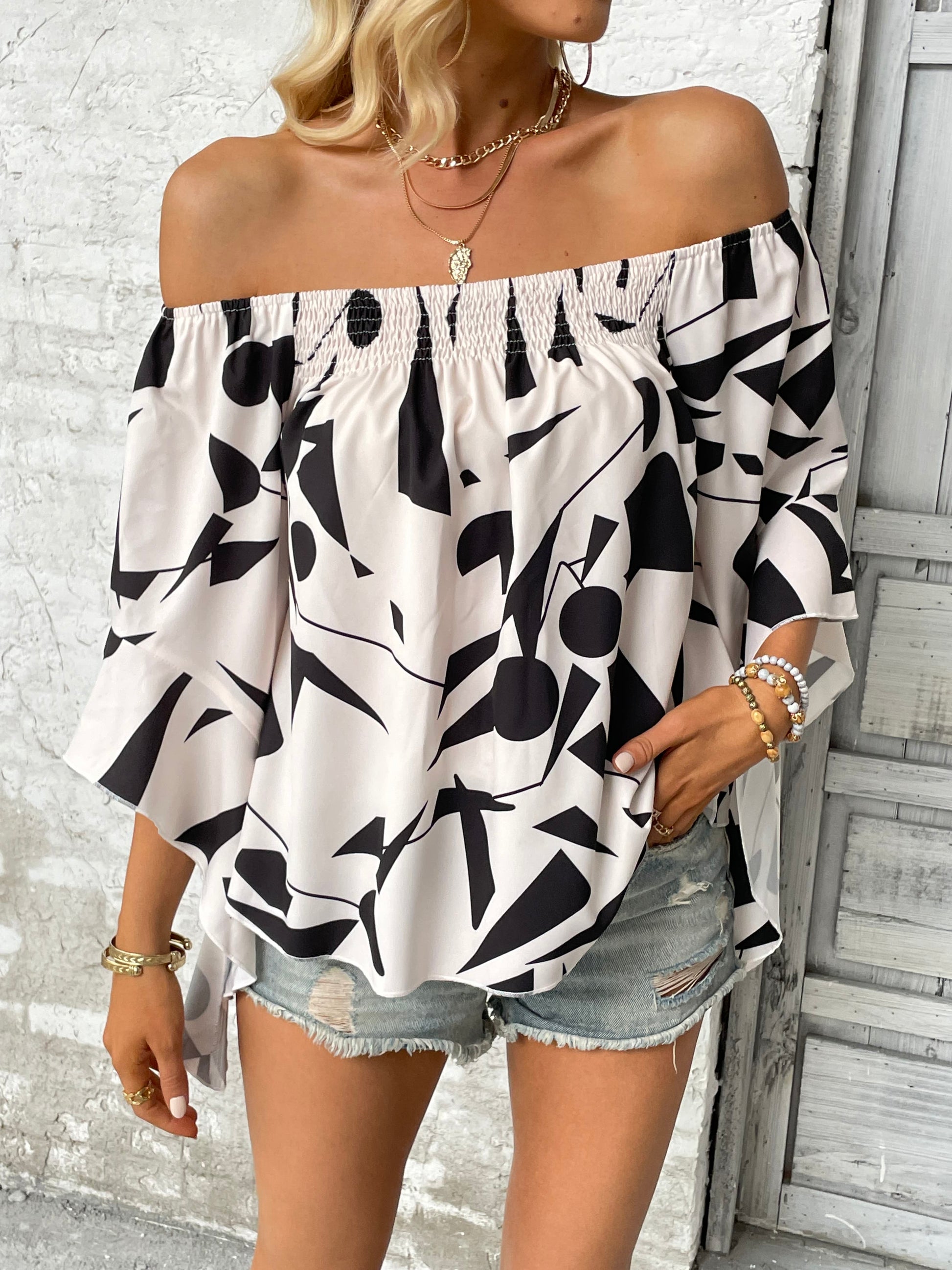 Printed Off-Shoulder Bell Sleeve Blouse - Classique Collection