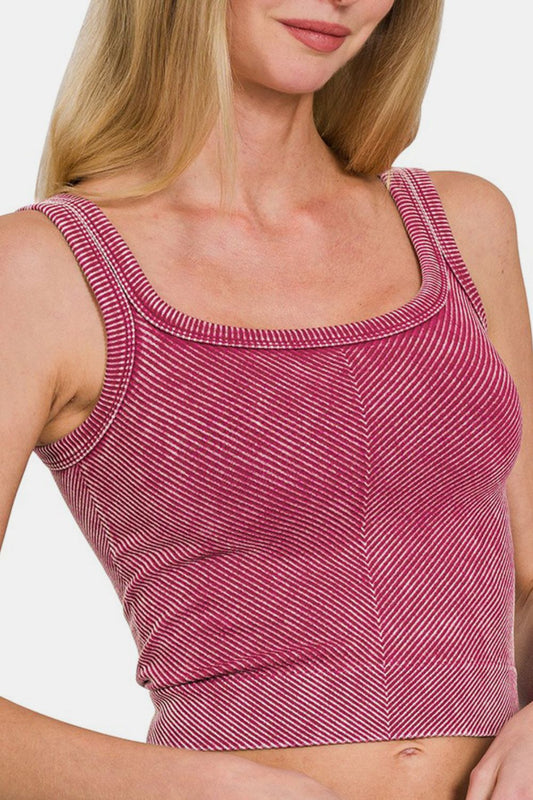 Zenana Washed Ribbed Scoop Neck Wide Strap Tank - Classique Collection