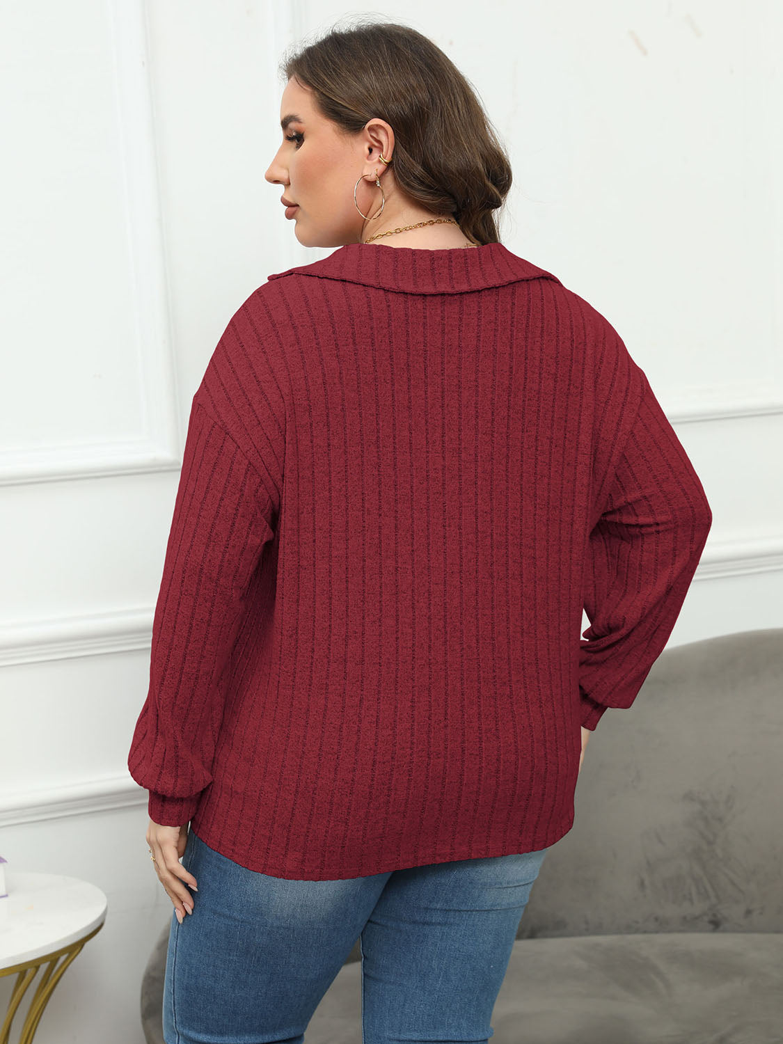 Plus Size Ribbed Collared Neck Long Sleeve Blouse - Classique Collection