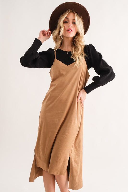 And The Why Faux Suede Cut Edge Slit Cami Midi Dress - Classique Collection