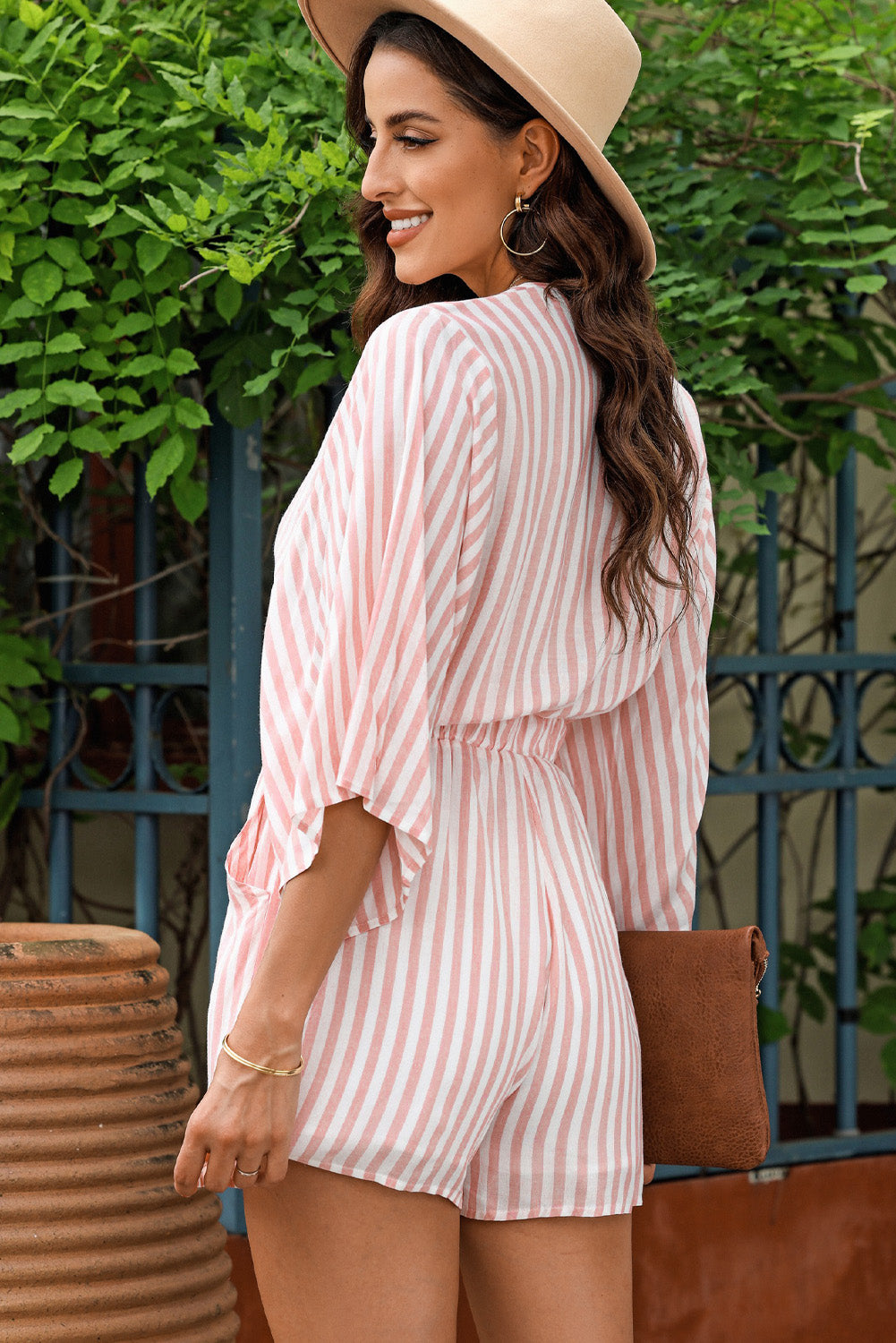 Bow Striped Kimono Sleeve Romper - ClassiQ