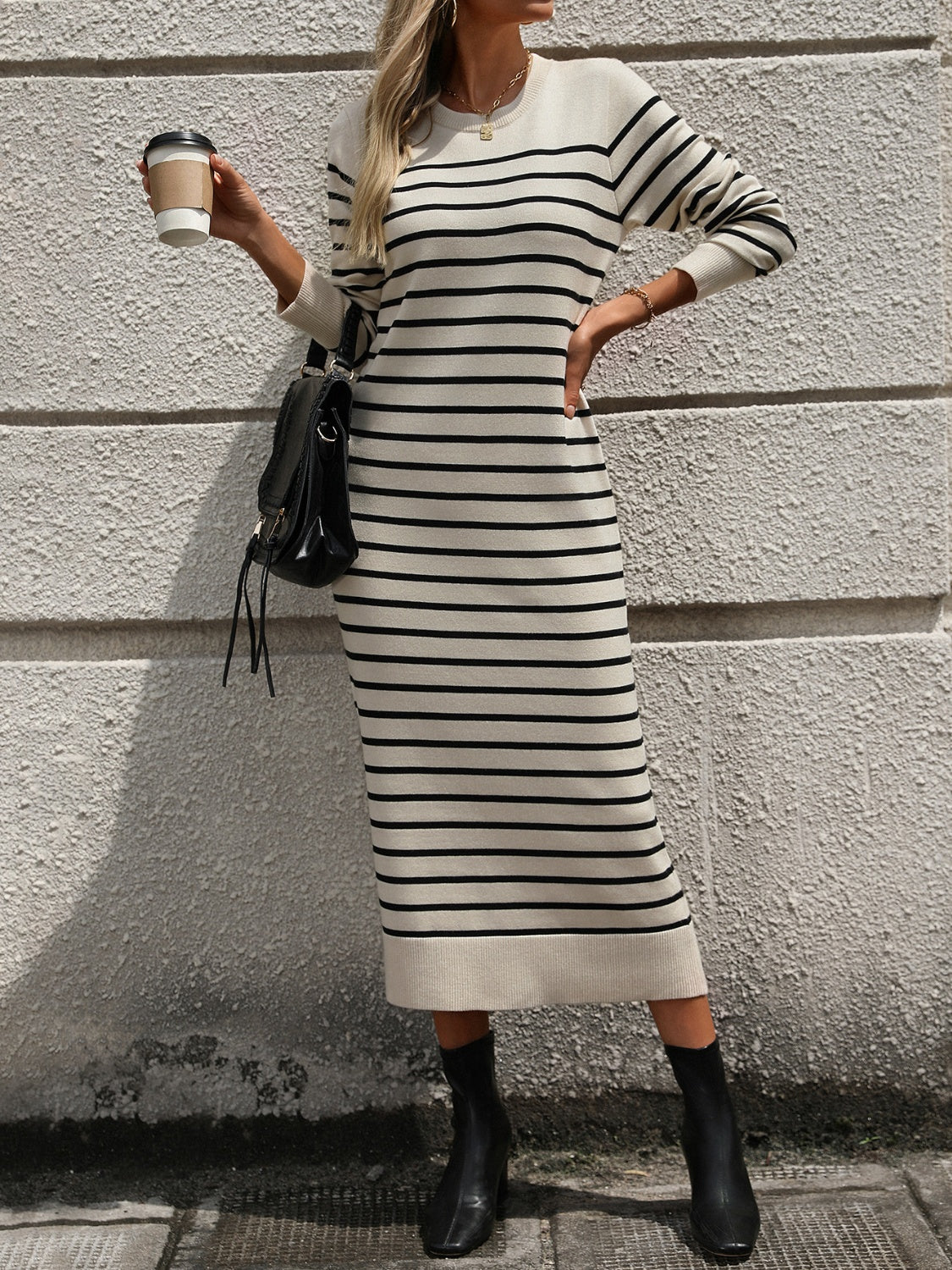 Striped Round Neck Long Sleeve Dress - Classique Collection