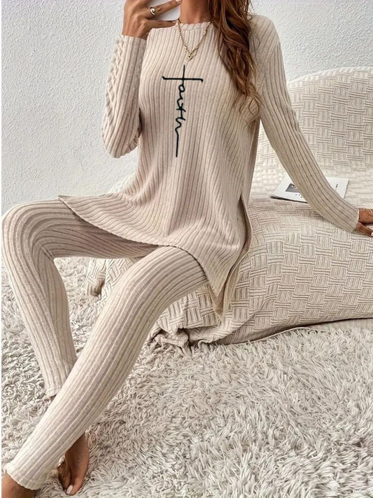 Side Slit Round Neck Long Sleeve Top and Pants Set - ClassiQ