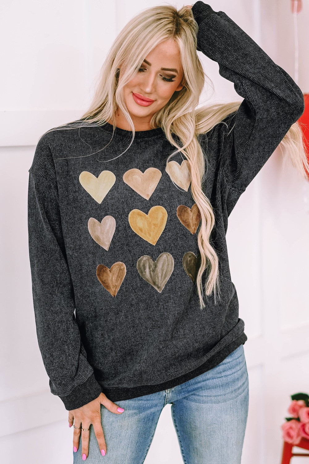 Heart Round Neck Dropped Shoulder Sweatshirt - ClassiQ