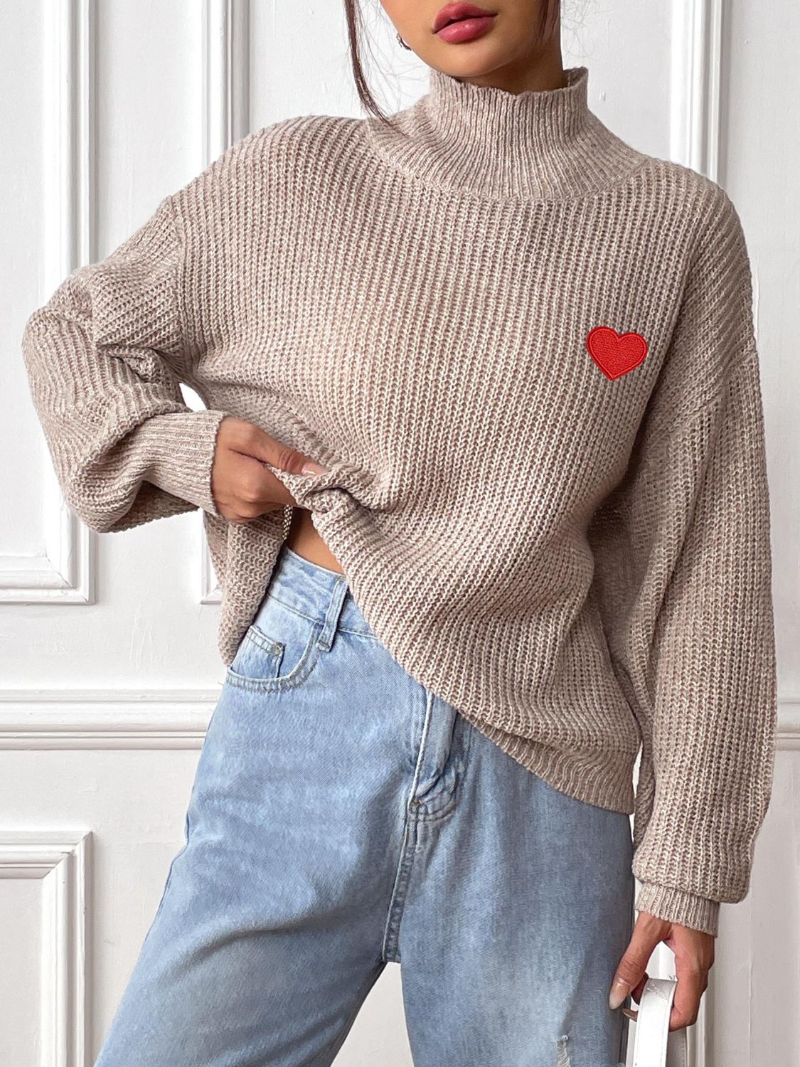Heart Turtleneck Dropped Shoulder Long Sleeve Sweater - ClassiQ