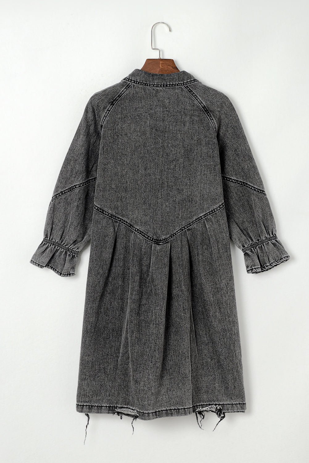 Distressed Collared Neck Flounce Sleeve Denim Dress - Classique Collection