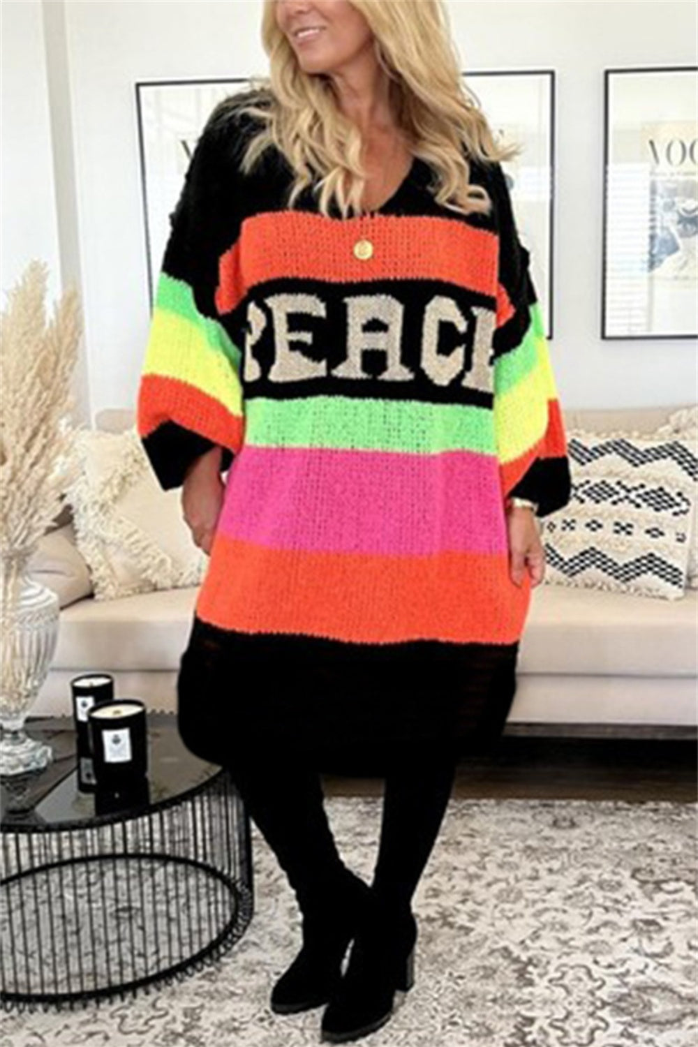 Color Block V-Neck Long Sleeve Sweater Dress - Classique Collection