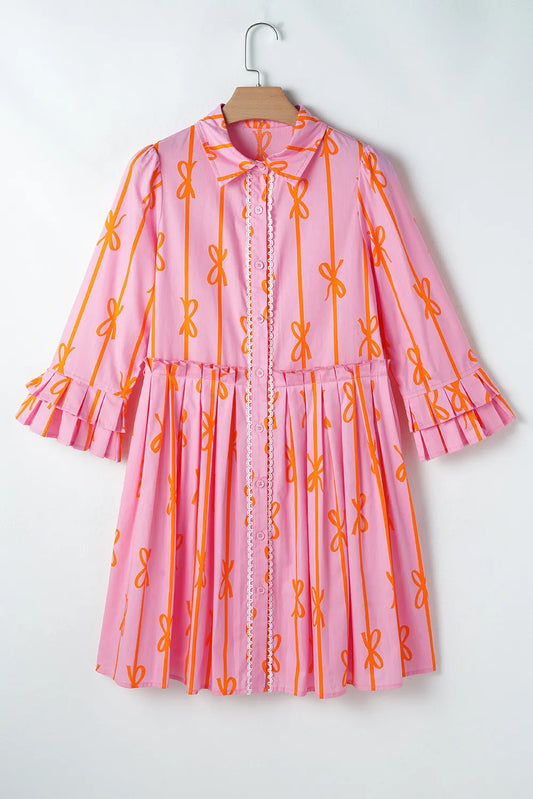 Ruffled Bow Printed Three-Quarter Sleeve Shirt Dress - Classique Collection